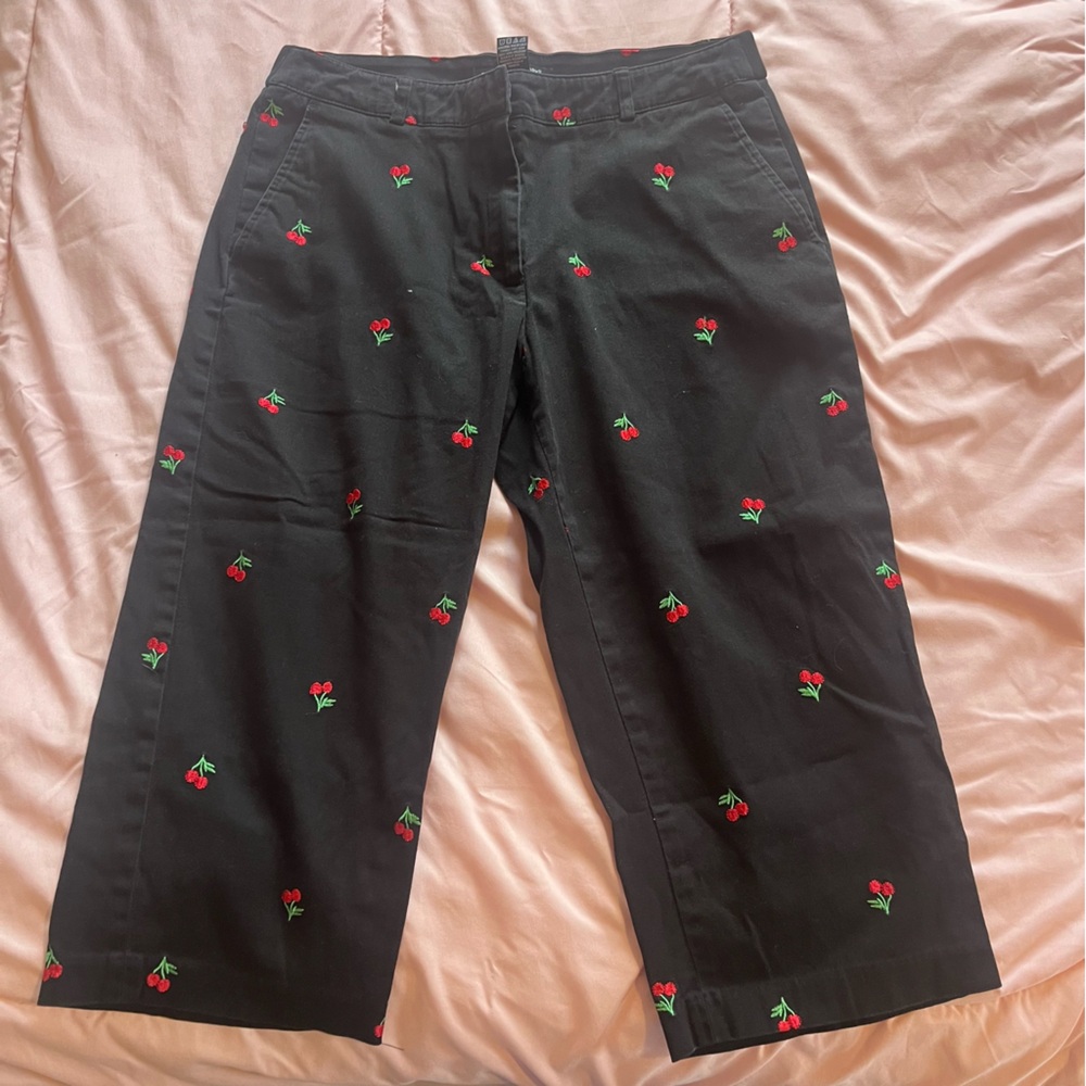 Y2K Cherry Embroidered Black capri Pants